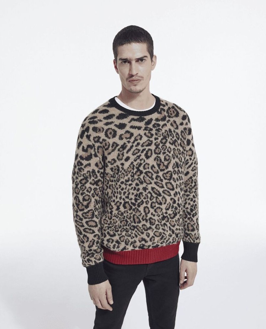 Homme the kooples Pulls & Gilets | Pull Col Rond Jacquard Leopard Et Rib Contraste