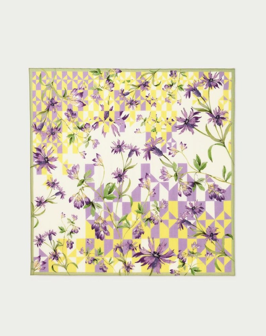 Femme eric bompard Echarpes & Foulards | Carre Imprime Geometrie Fleurie 120 Cm X 120 Cm - Accessoires - Colibri Jaune