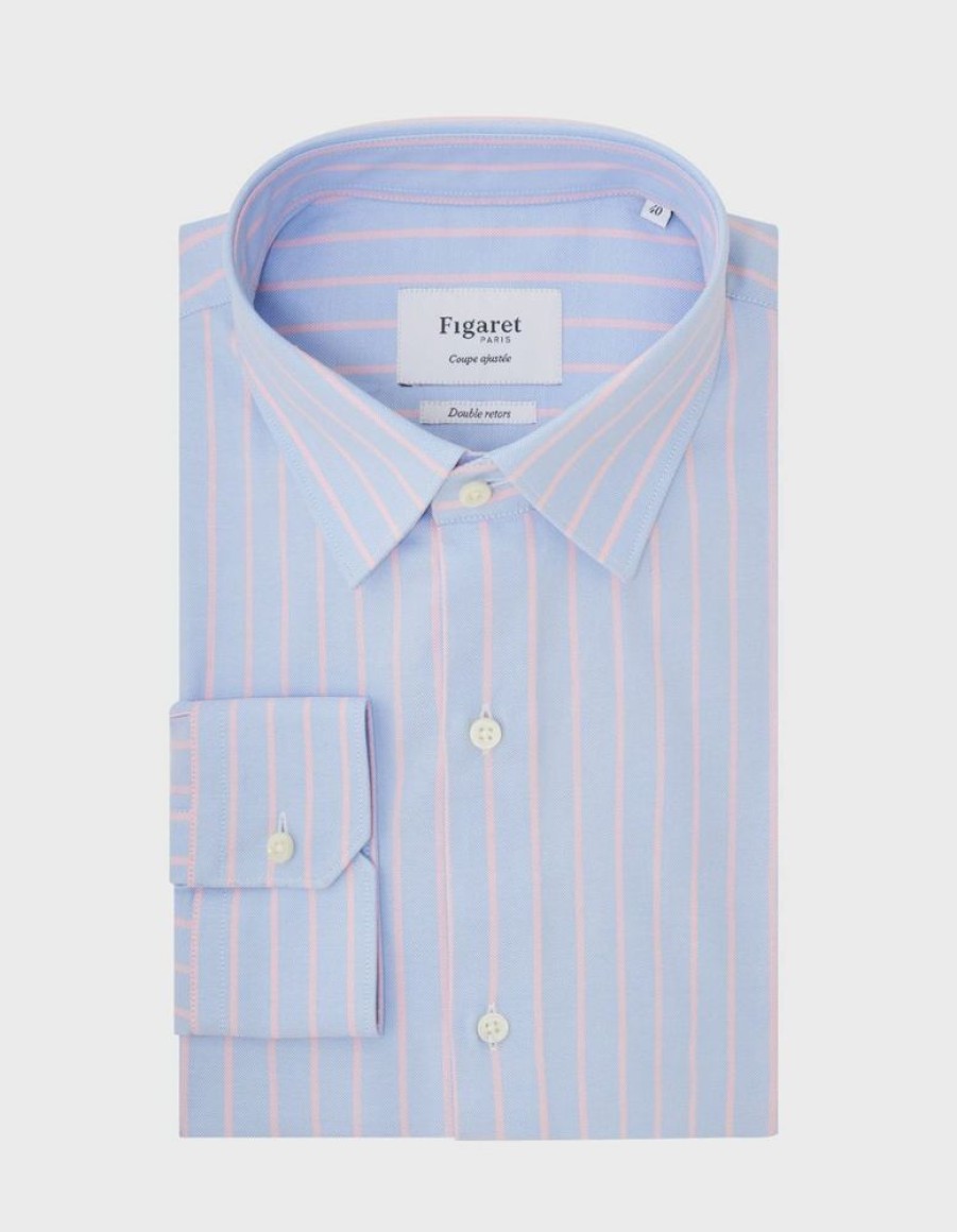 Homme figaret Chemises | Chemise Ajustee E Rayee Rose Bleu