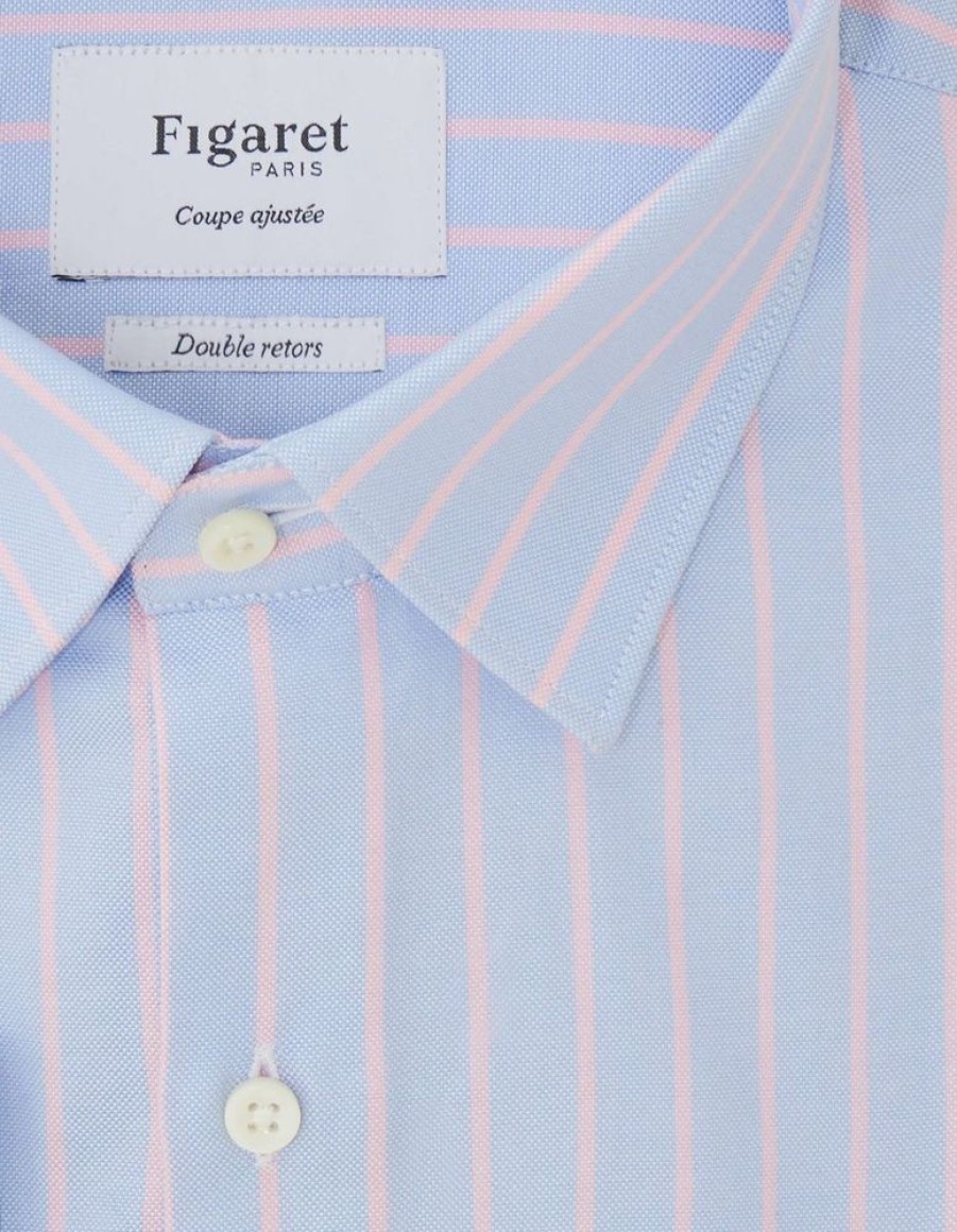 Homme figaret Chemises | Chemise Ajustee E Rayee Rose Bleu