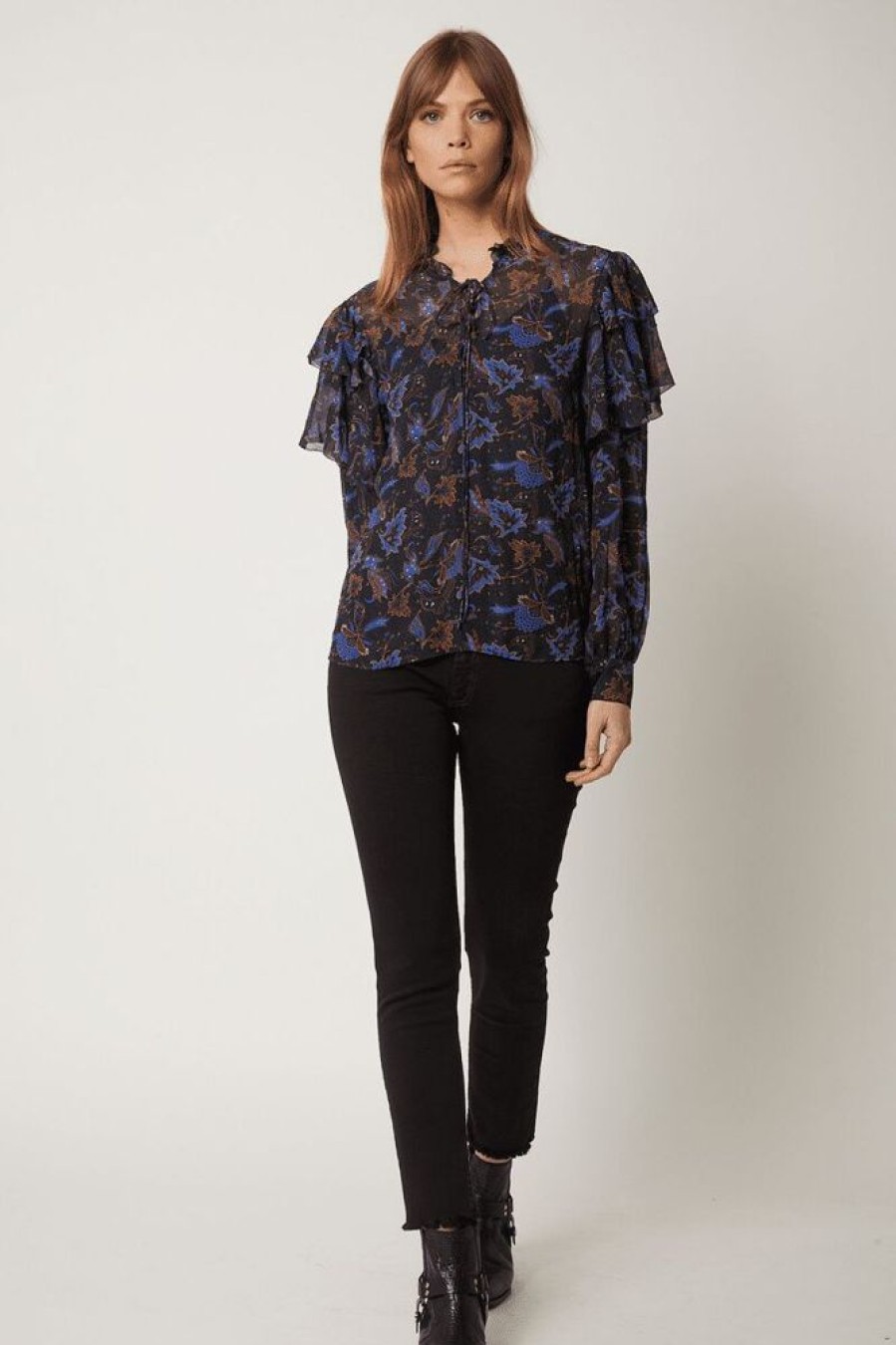 Femme berenice Chemises & Blouses | Blouse Col V Lassage Dvt Imp Bleu