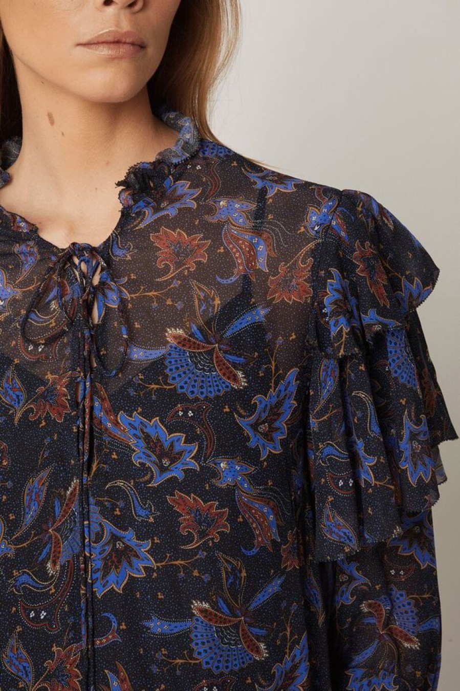 Femme berenice Chemises & Blouses | Blouse Col V Lassage Dvt Imp Bleu