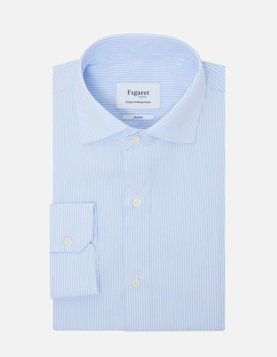 Homme figaret Chemises | Chemise Contemporaine Stretch Rayee E Bleu