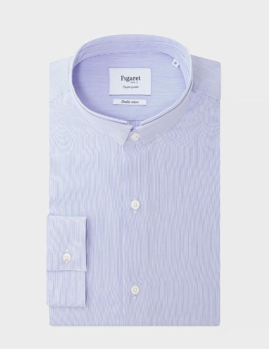 Homme figaret Chemises | Chemise Ajustee En Popeline Rayee Marine Bleu