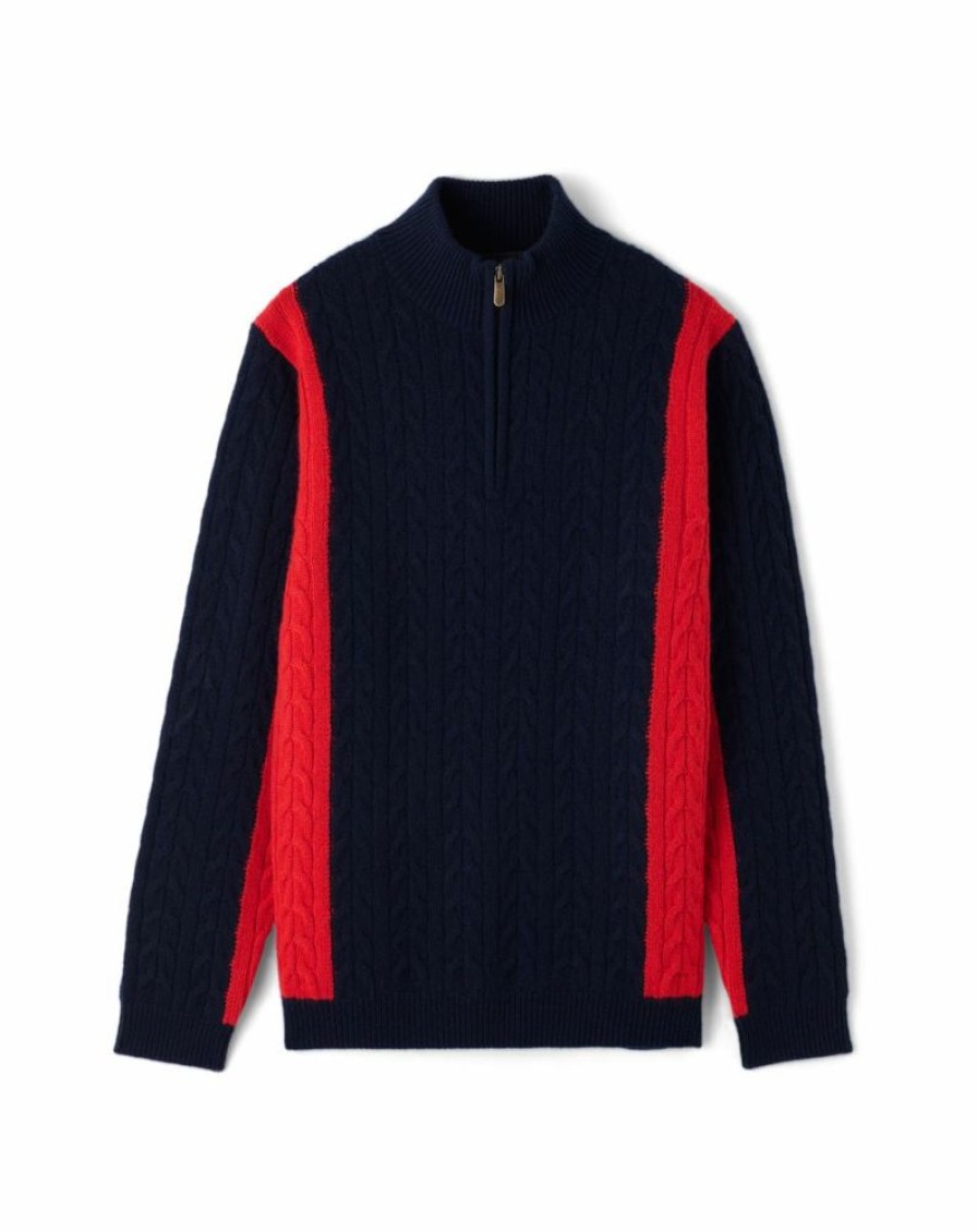 Homme eric bompard Pulls & Gilets | Pull Camionneur Torsades Color Block - Homme - Marine/Cinabre Bleu