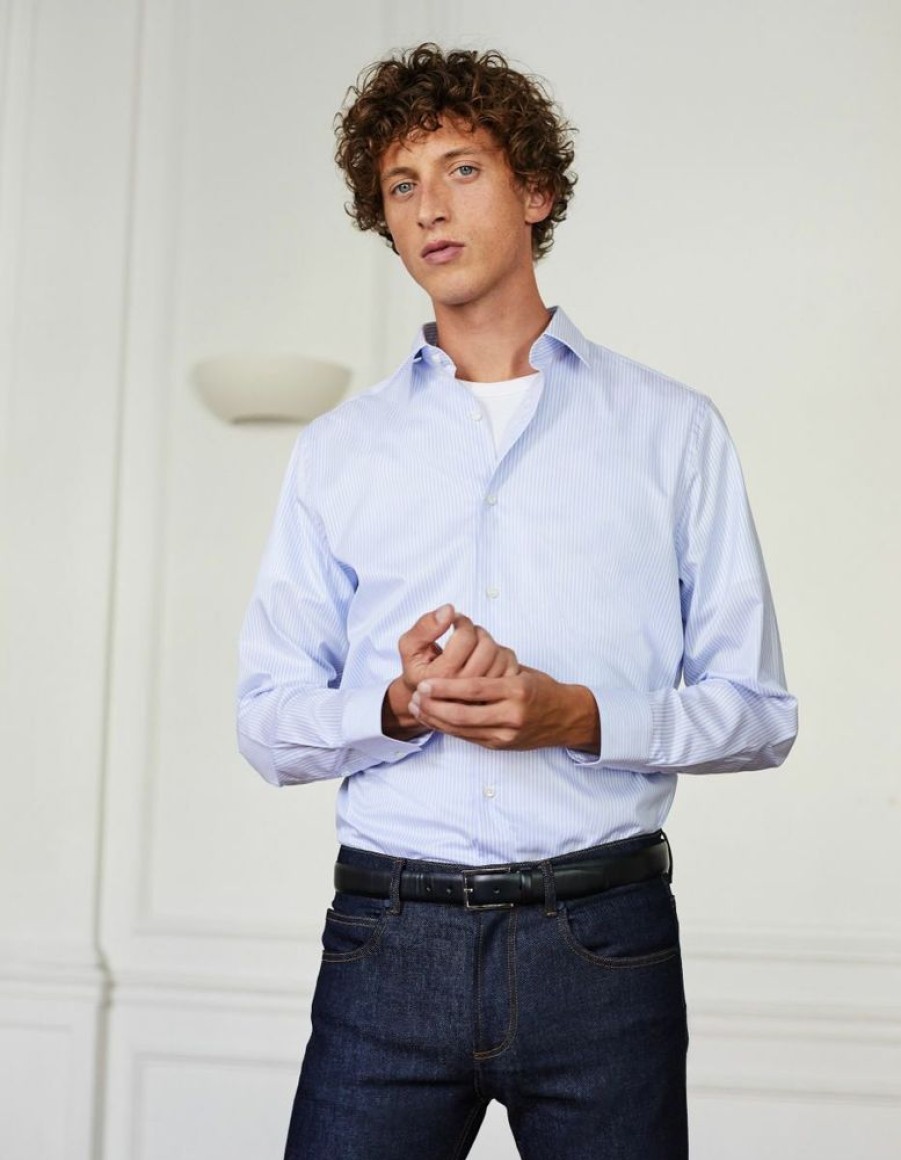 Homme figaret Chemises | Chemise Voyage Contemporaine En Twill Raye Bleu