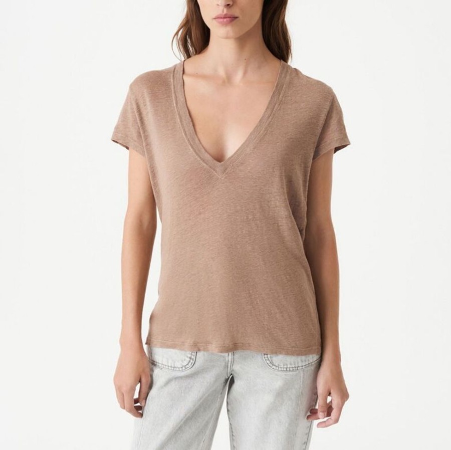 Femme iro T-Shirts | T-Shirt Col V En Lin Rodeo Marron