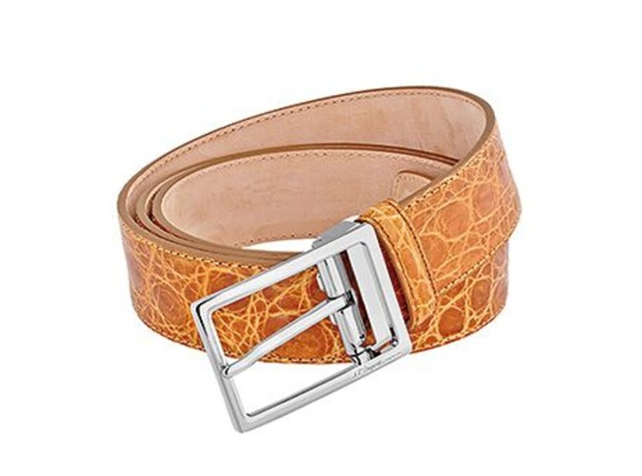 Homme s.t. dupont Ceintures | Ceinture En Crocodile Exotique Et Finition Palladium 35 Mm Jaune