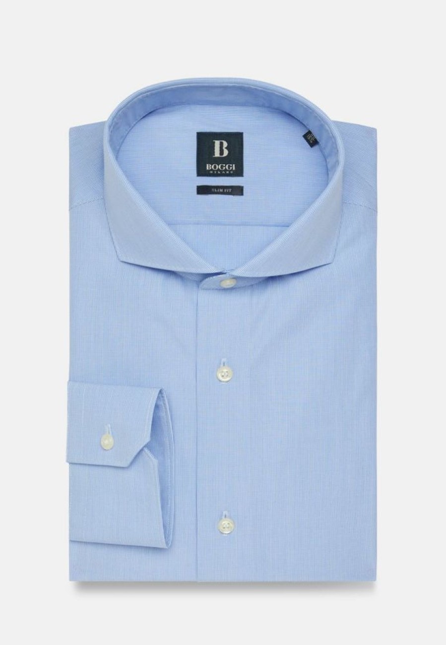 Homme boggi milano Costumes | Chemise A Carreaux Clair En Coton Slim Fit Bleu