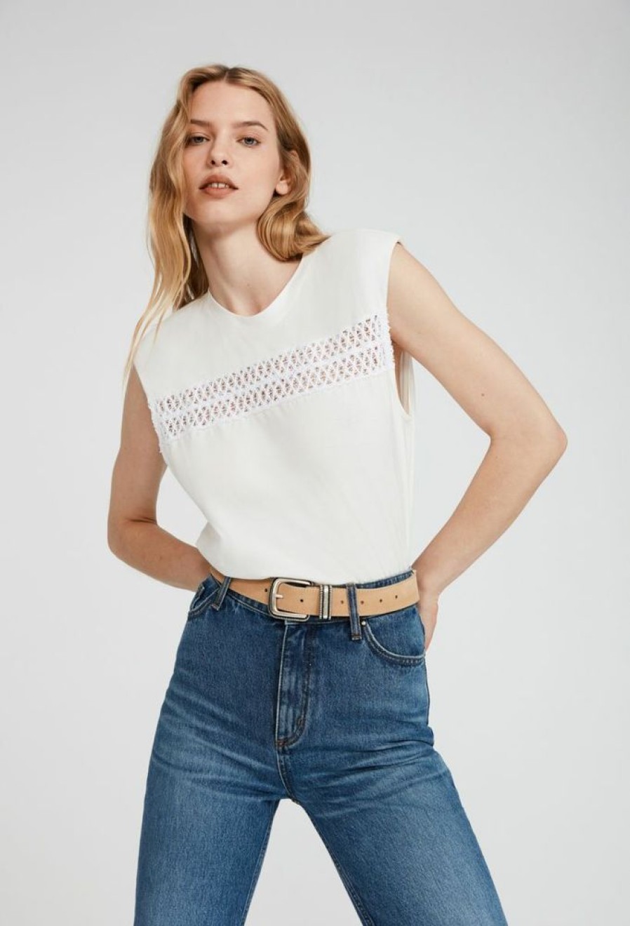 Femme claudie pierlot T-Shirts | T-Shirt Coton Sans Manche Ecru