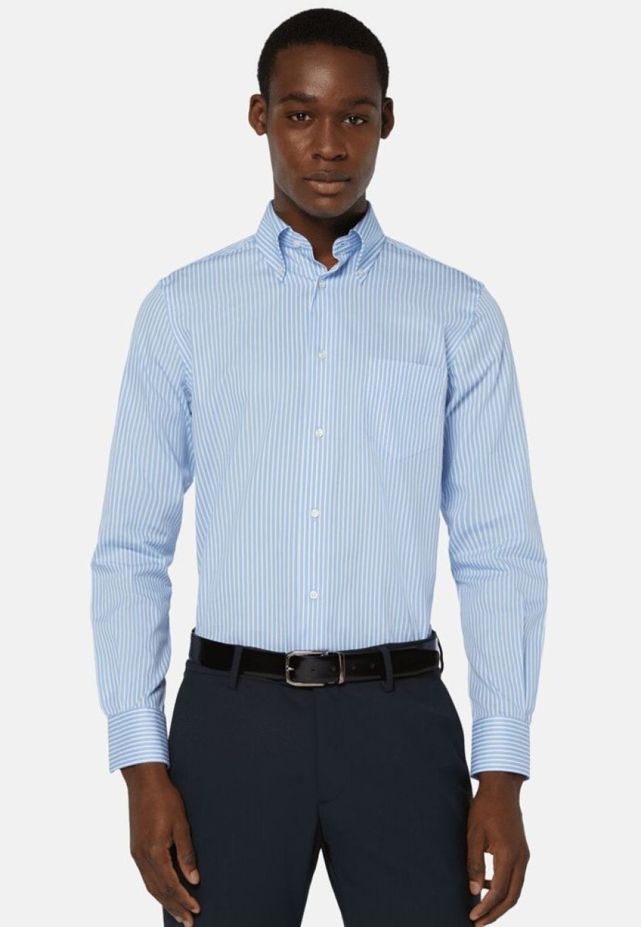 Homme boggi milano Costumes | Chemise A Rayures Clair En Serge De Coton Regular Fit Bleu