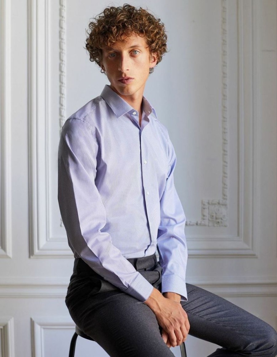 Homme figaret Chemises | Chemise Voyage Contemporaine En Twill Raye Marine Bleu