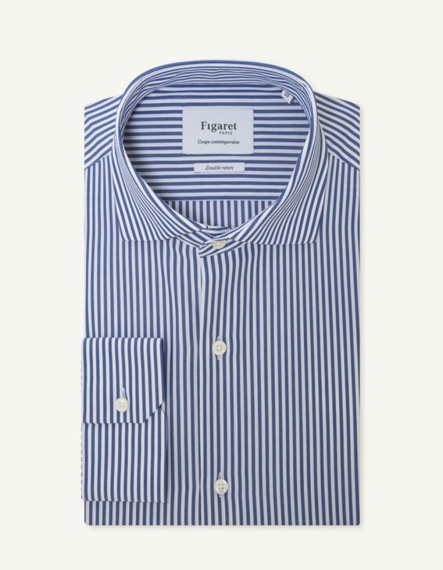 Homme figaret Chemises | Chemise Contemporaine En Popeline Rayee Marine Bleu