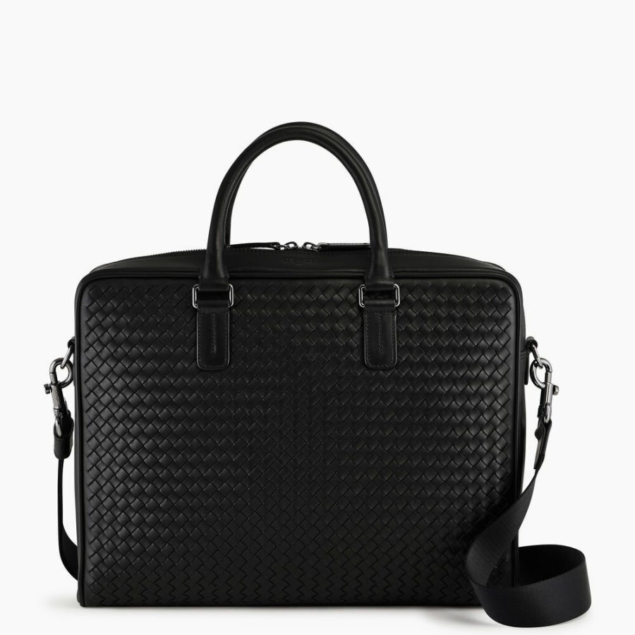 Homme le tanneur Porte-Documents | Porte Documents 14" Charles En Cuir Tresse Noir