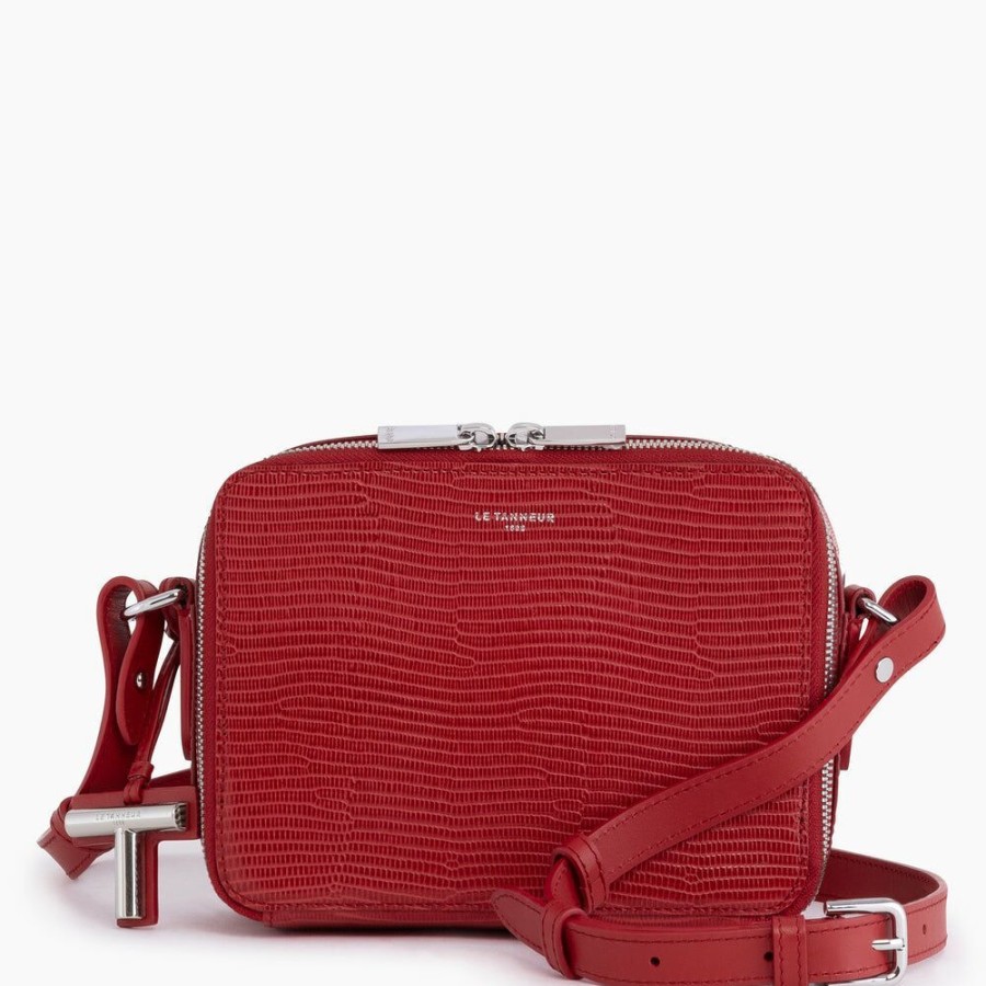 Femme le tanneur Pochettes | Petit Sac Bandouliere Gisele En Cuir Effet Lezard Rouge