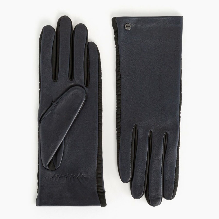 Femme le tanneur Gants | Gants Femme Bi-Matieres En Cuir D'Agneau Bleu