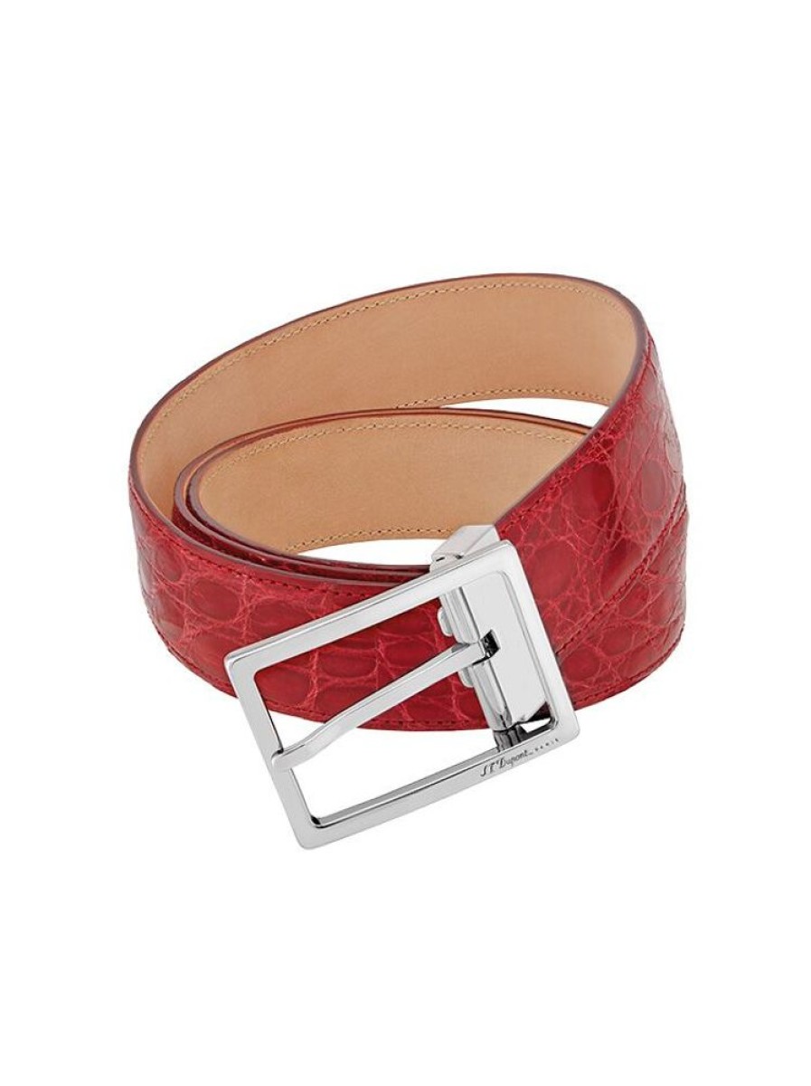 Homme s.t. dupont Ceintures | Ceinture En Crocodile Exotique Et Finition Palladium 35Mm Rouge