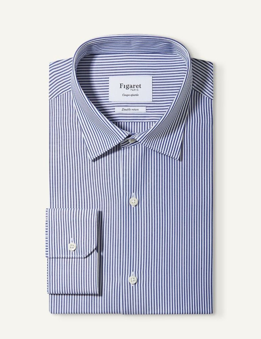 Homme figaret Chemises | Chemise Ajustee En Popeline Rayee Marine Bleu