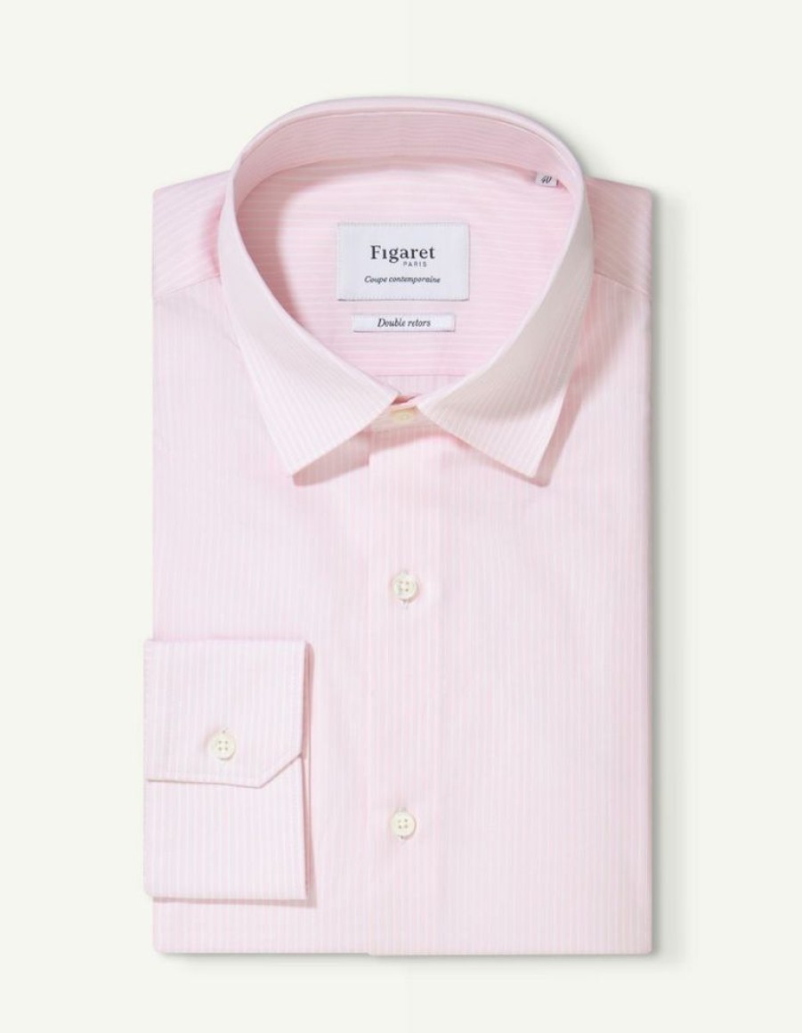 Homme figaret Chemises | Chemise Contemporaine En Popeline Rayee Rose