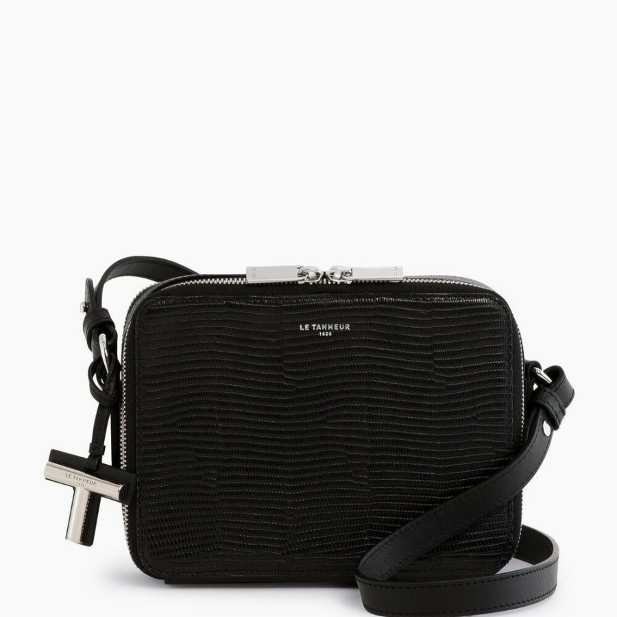 Femme le tanneur Pochettes | Petit Sac Bandouliere Gisele En Cuir Effet Lezard Noir