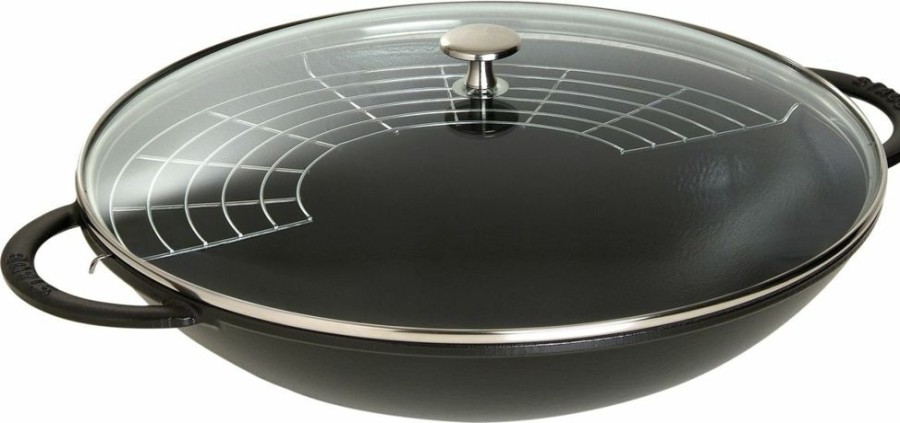 Maison staub Cuisine | Wok Avec Couvercle En Verre 37 Cm, Fonte, Second Choix Noir