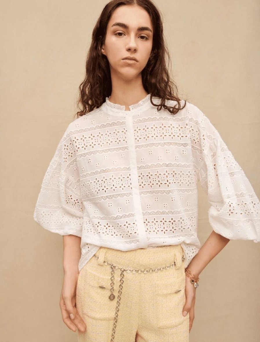 Femme maje Chemises & Blouses | Blouse Brodee En Coton He Blanc